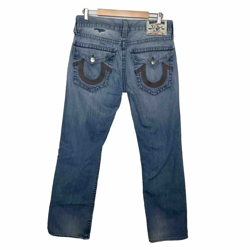 True Religion Men's Blue Denim Straight‎ Cut Distressed Jeans Size 33